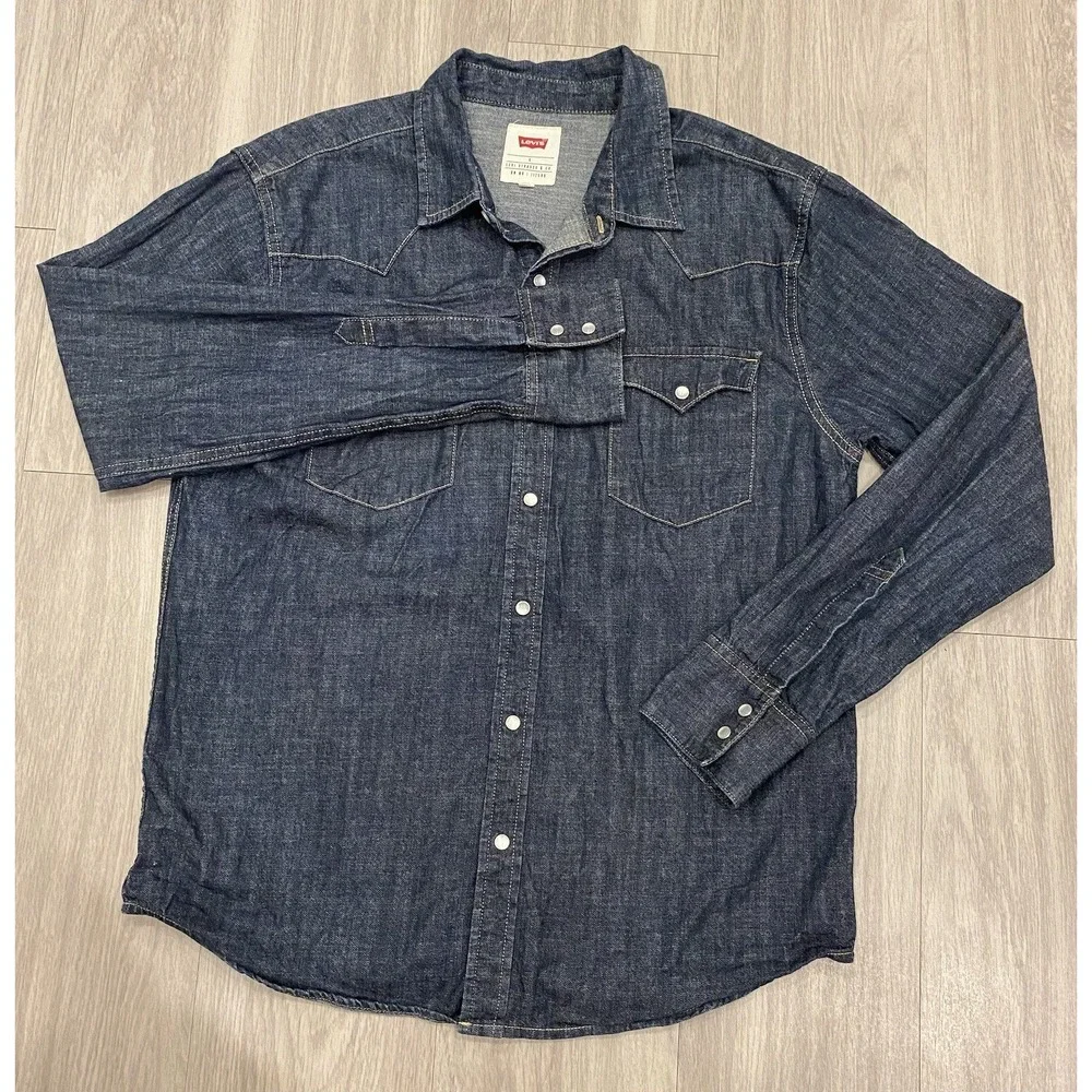 Levis Shirt Men's Large Blue Denim Pearl Snap Regular Fit Long Sleeve Jean L